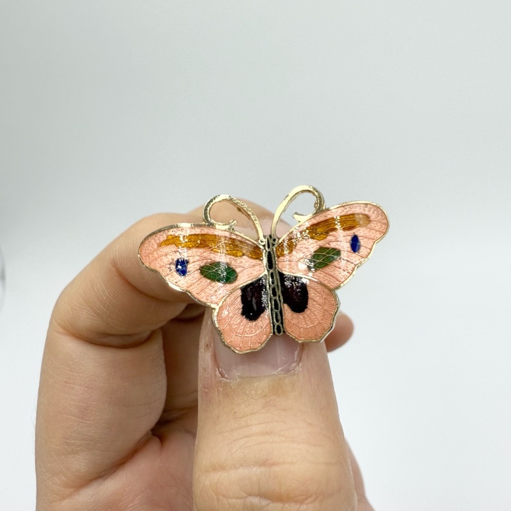 Vintage Pink Enamel Butterfly Brooch Gold Tone Rhinestone